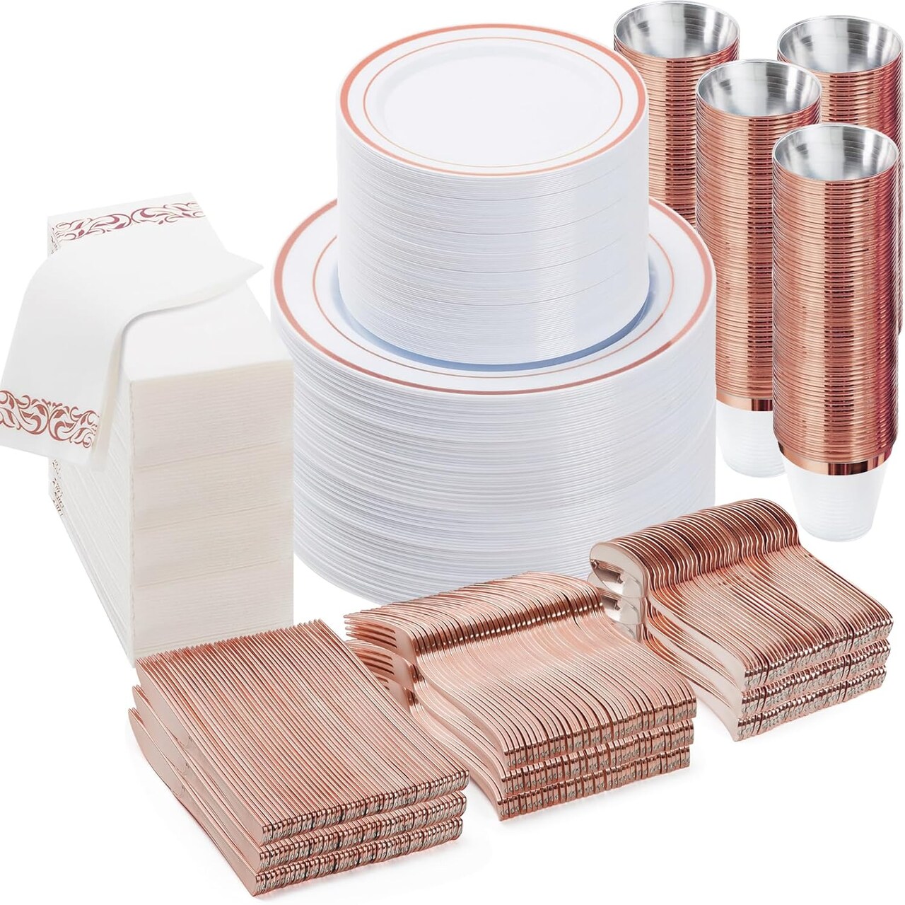 700PCS Gold Disposable Dinnerware Set – Plates, Cutlery, Cups & Napkins for 100 Guests